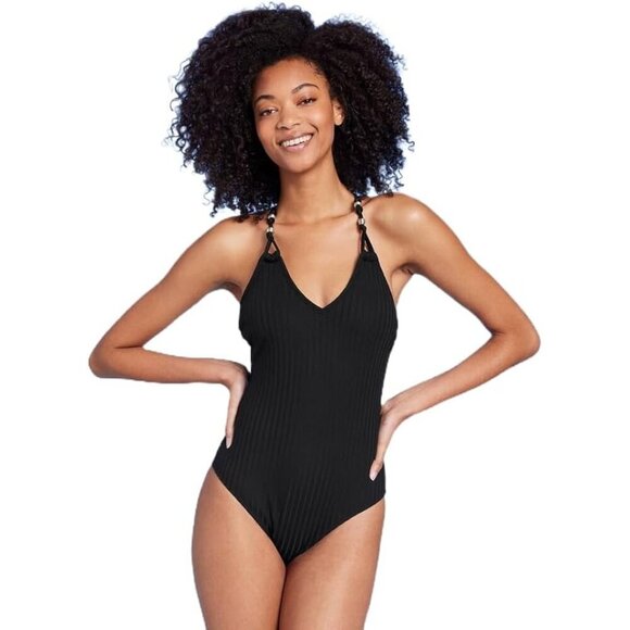 Shade & Shore Women’s Ribbed Bead Knot Detail One-Piece Swimsuit - Size M NWT - Picture 1 of 15